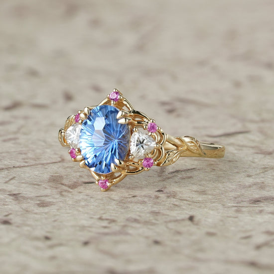 Three - Stone Sparkle Cut Sapphire Engagement Ring - Audrey - GemsMagic