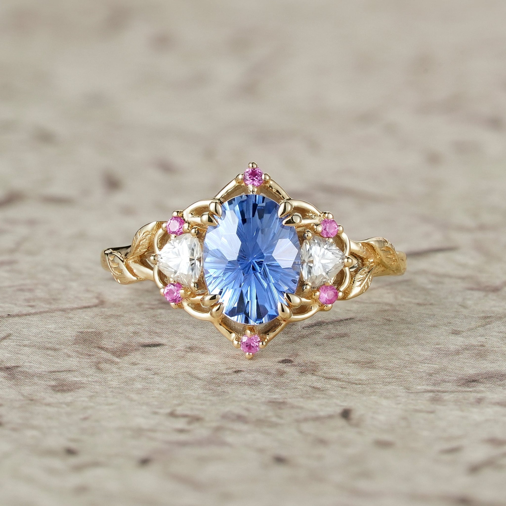 Three - Stone Sparkle Cut Sapphire Engagement Ring - Audrey - GemsMagic