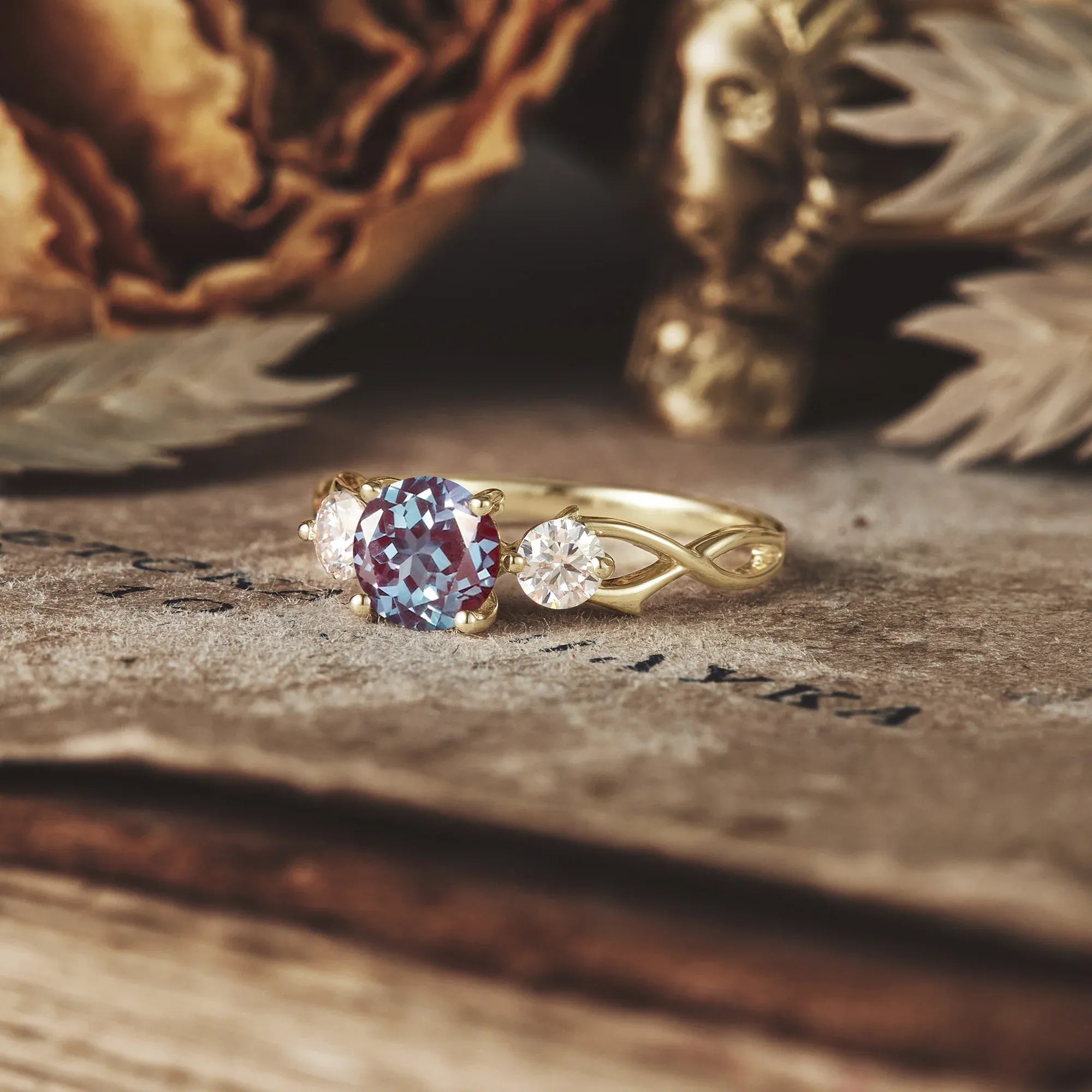 Three - Stone Symphony of Alexandrite and Moissanite - GemsMagic