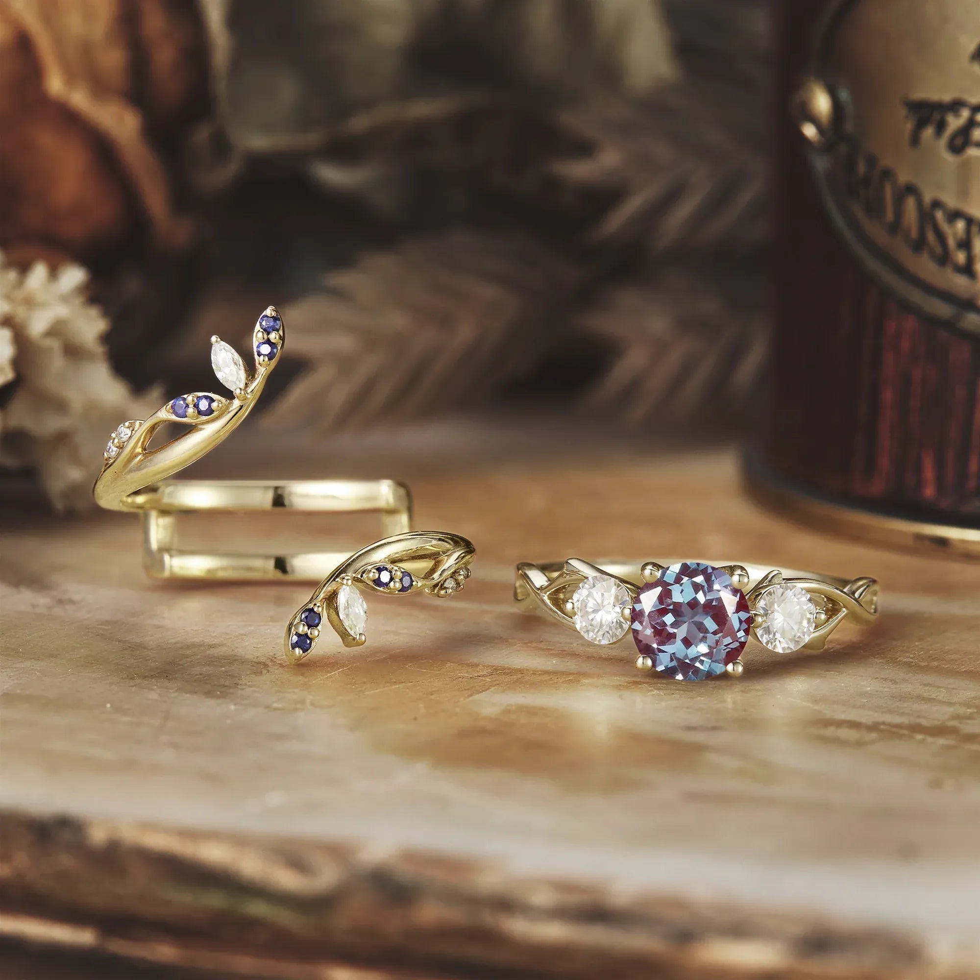 Three - Stone Symphony of Alexandrite and Moissanite | Adonis - GemsMagic