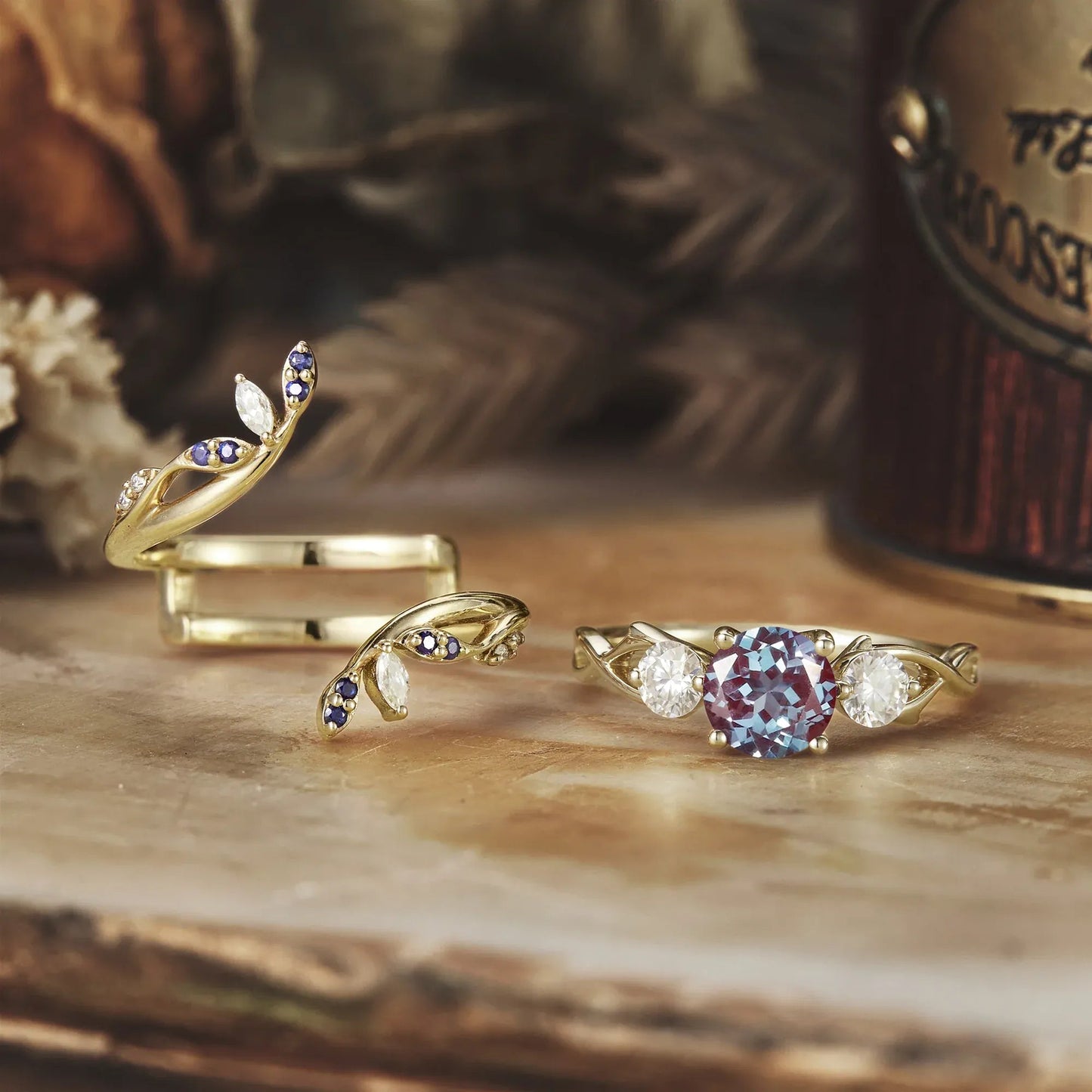 Three - Stone Symphony of Alexandrite and Moissanite | Adonis - GemsMagic