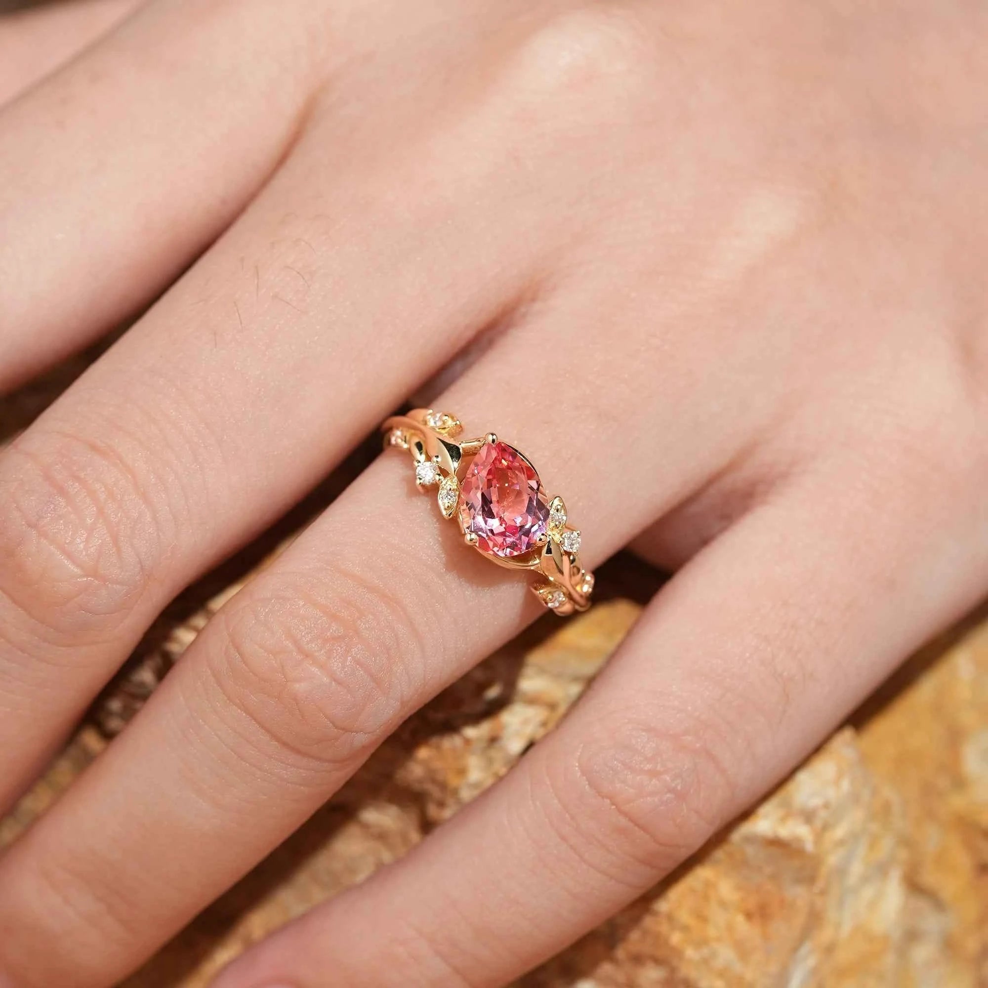 Tilted Pear Cut Padparadscha Engagement Ring - Quinn - GemsMagic