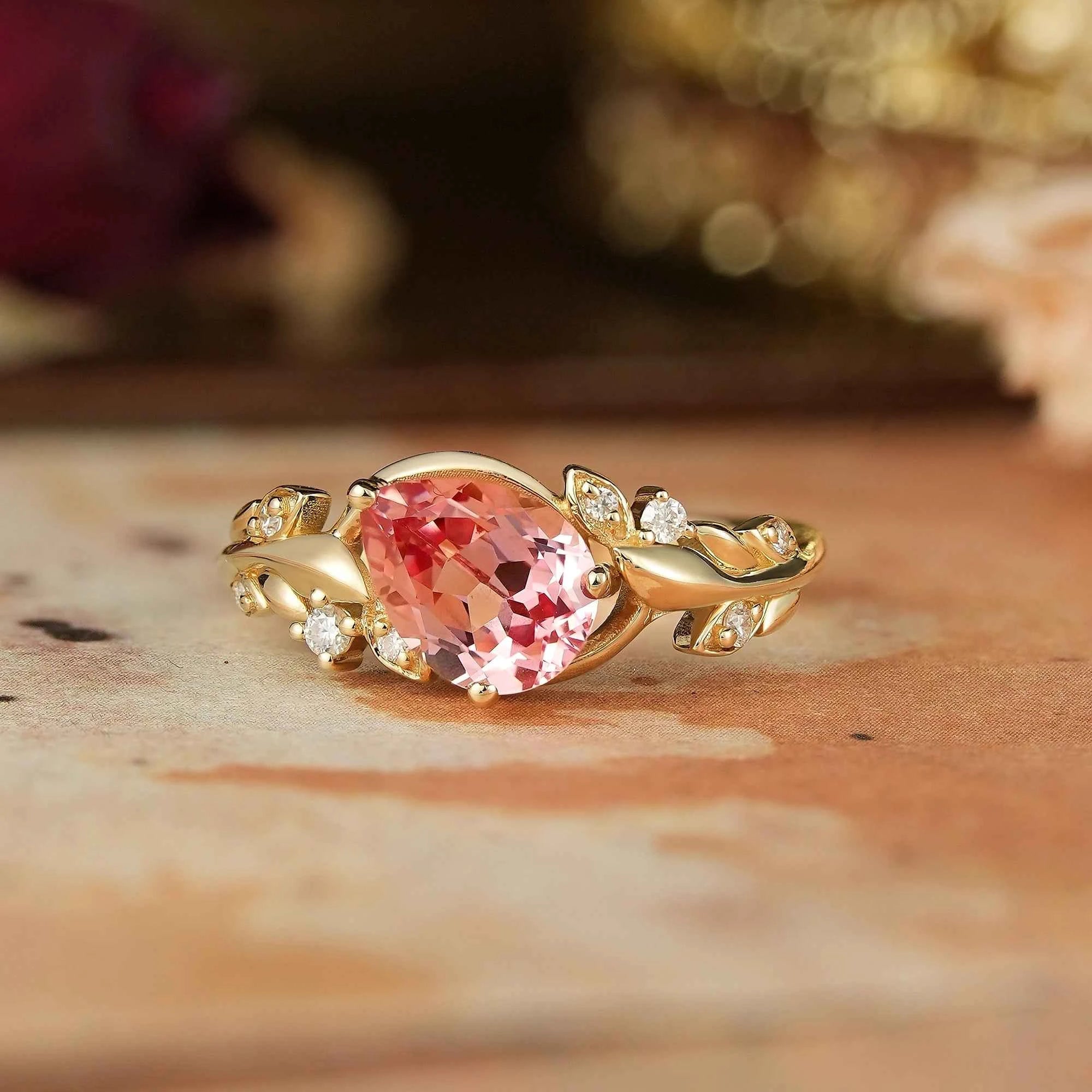Tilted Pear Cut Padparadscha Engagement Ring - Quinn - GemsMagic