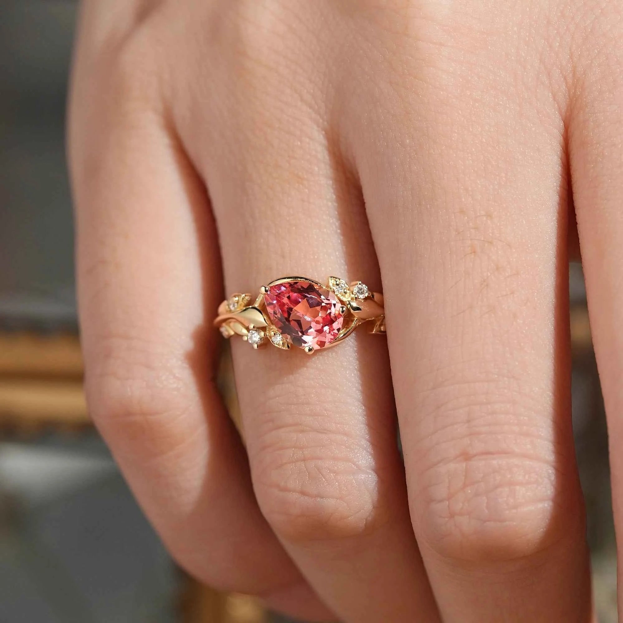 Tilted Pear Cut Padparadscha Engagement Ring - Quinn - GemsMagic