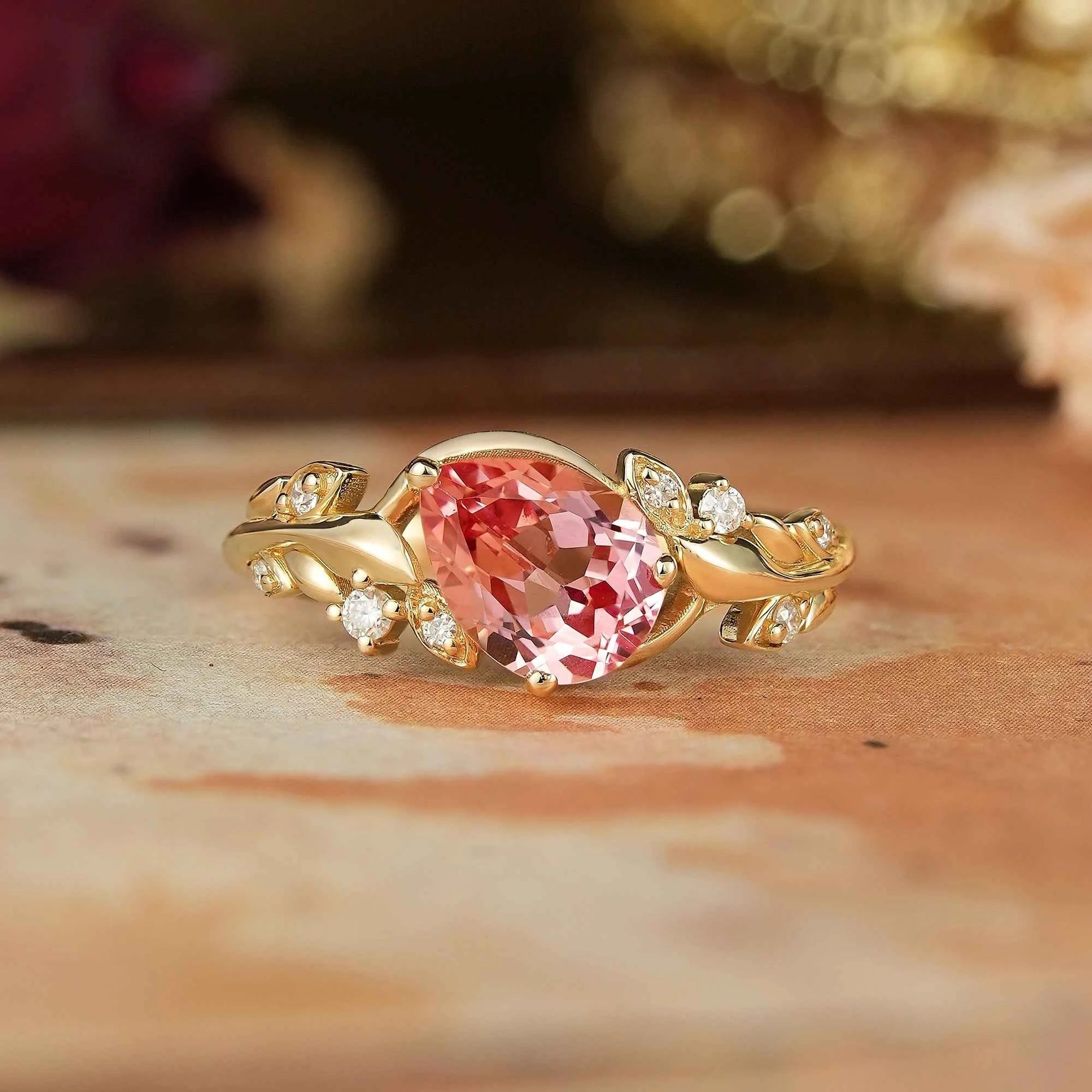 Tilted Pear Cut Padparadscha Engagement Ring - Quinn - GemsMagic