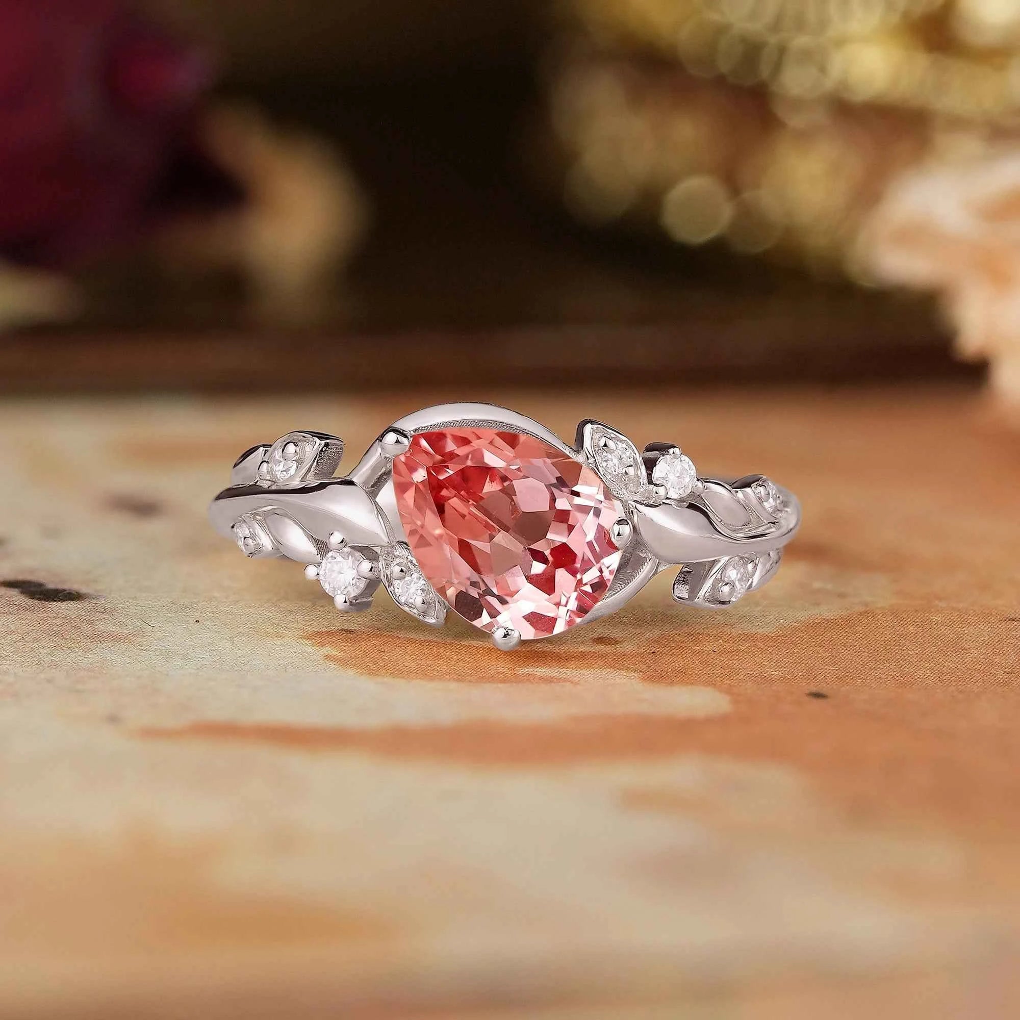 Tilted Pear Cut Padparadscha Engagement Ring - Quinn - GemsMagic