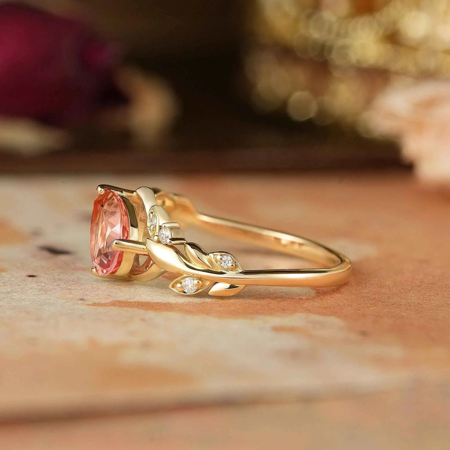 Tilted Pear Cut Padparadscha Engagement Ring - Quinn - GemsMagic