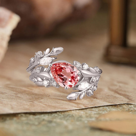 Tilted Pear Cut Pink Padparadscha Flower Inspired Enhancer Bridal Ring Set - GemsMagic - GemsMagic