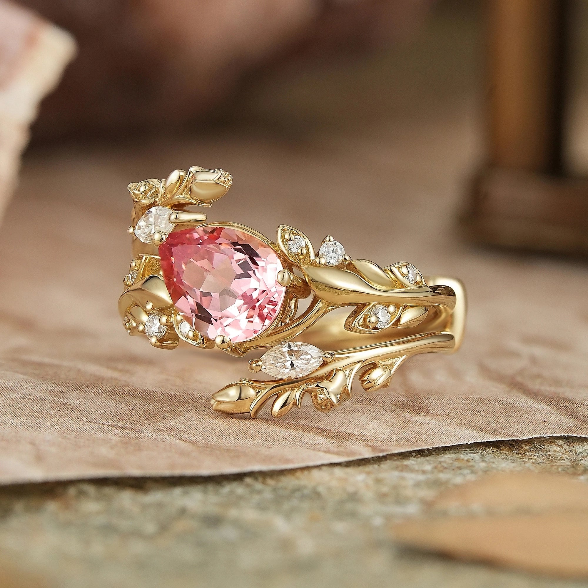 Tilted Pear Cut Pink Padparadscha Flower Inspired Enhancer Bridal Ring Set - GemsMagic - GemsMagic