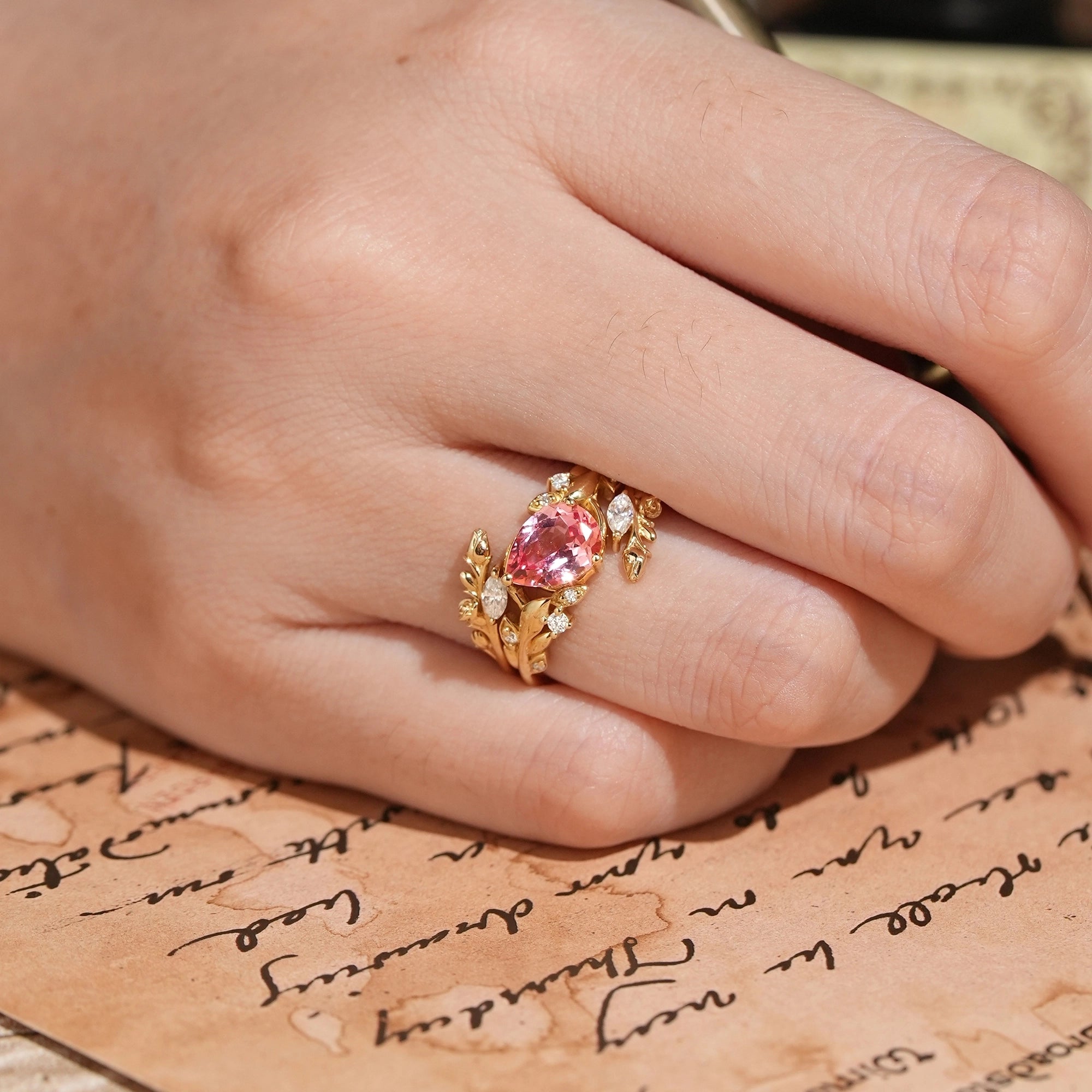 Tilted Pear Cut Pink Padparadscha Flower Inspired Enhancer Bridal Ring Set - GemsMagic - GemsMagic