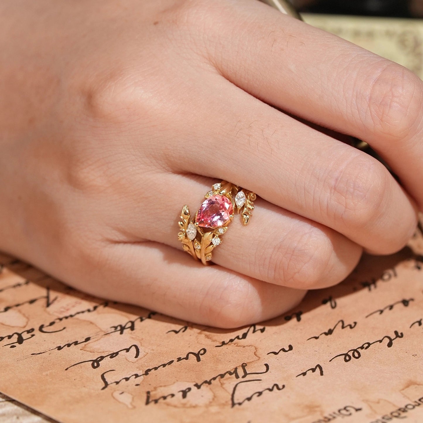 Tilted Pear Cut Pink Padparadscha Flower Inspired Enhancer Bridal Ring Set - GemsMagic - GemsMagic