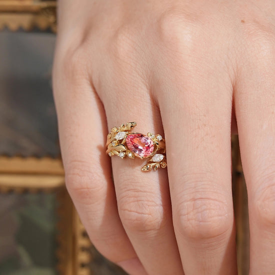 Tilted Pear Cut Pink Padparadscha Flower Inspired Enhancer Bridal Ring Set - GemsMagic - GemsMagic