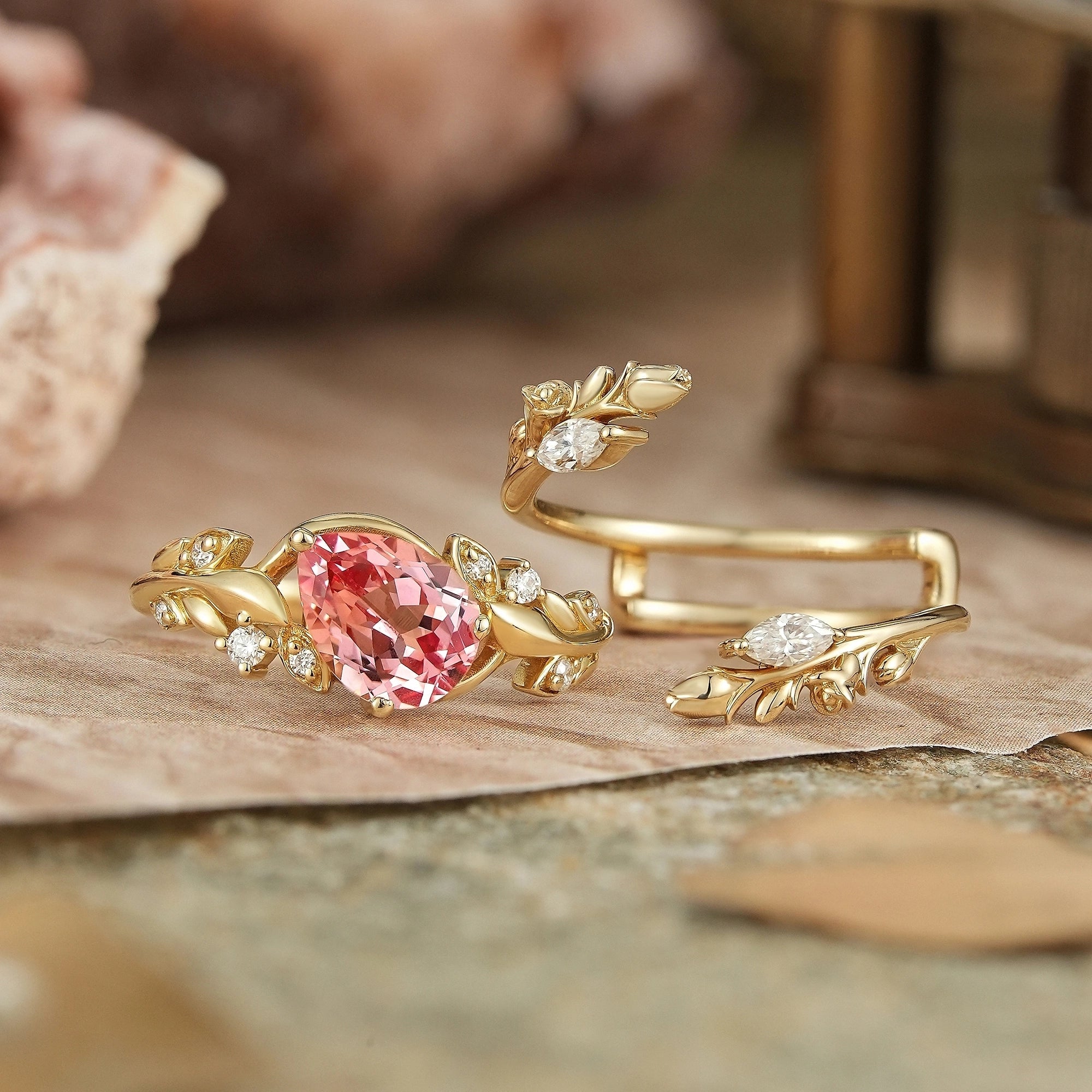 Tilted Pear Cut Pink Padparadscha Flower Inspired Enhancer Bridal Ring Set - GemsMagic - GemsMagic