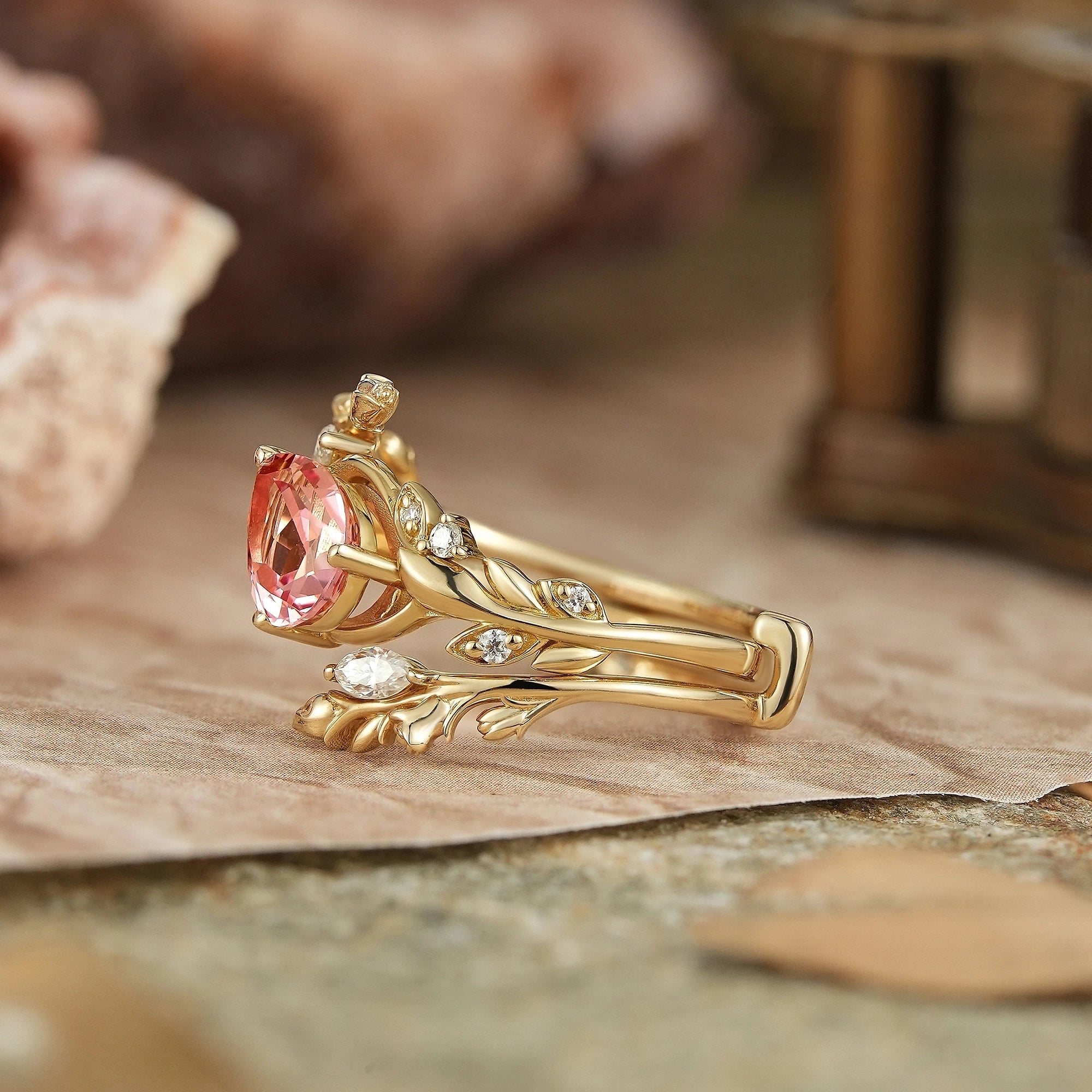 Tilted Pear Cut Pink Padparadscha Flower Inspired Enhancer Bridal Ring Set - GemsMagic - GemsMagic