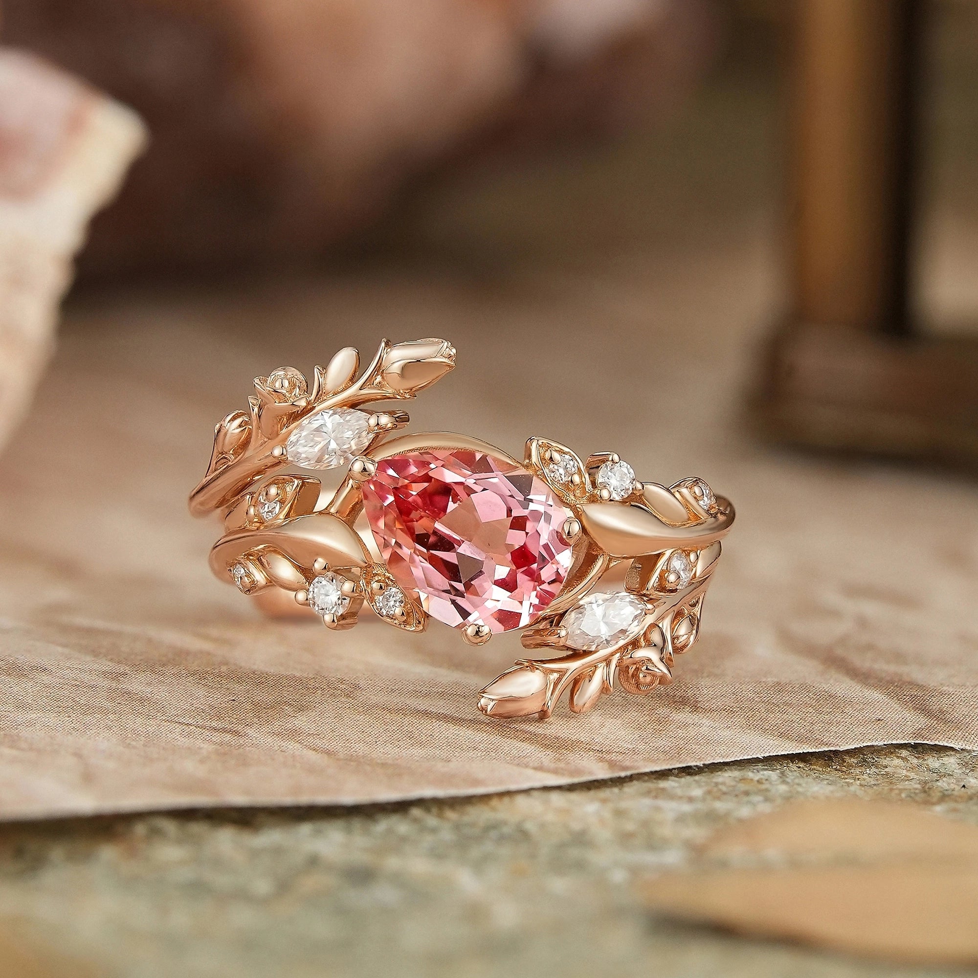 Tilted Pear Cut Pink Padparadscha Flower Inspired Enhancer Bridal Ring Set - GemsMagic - GemsMagic
