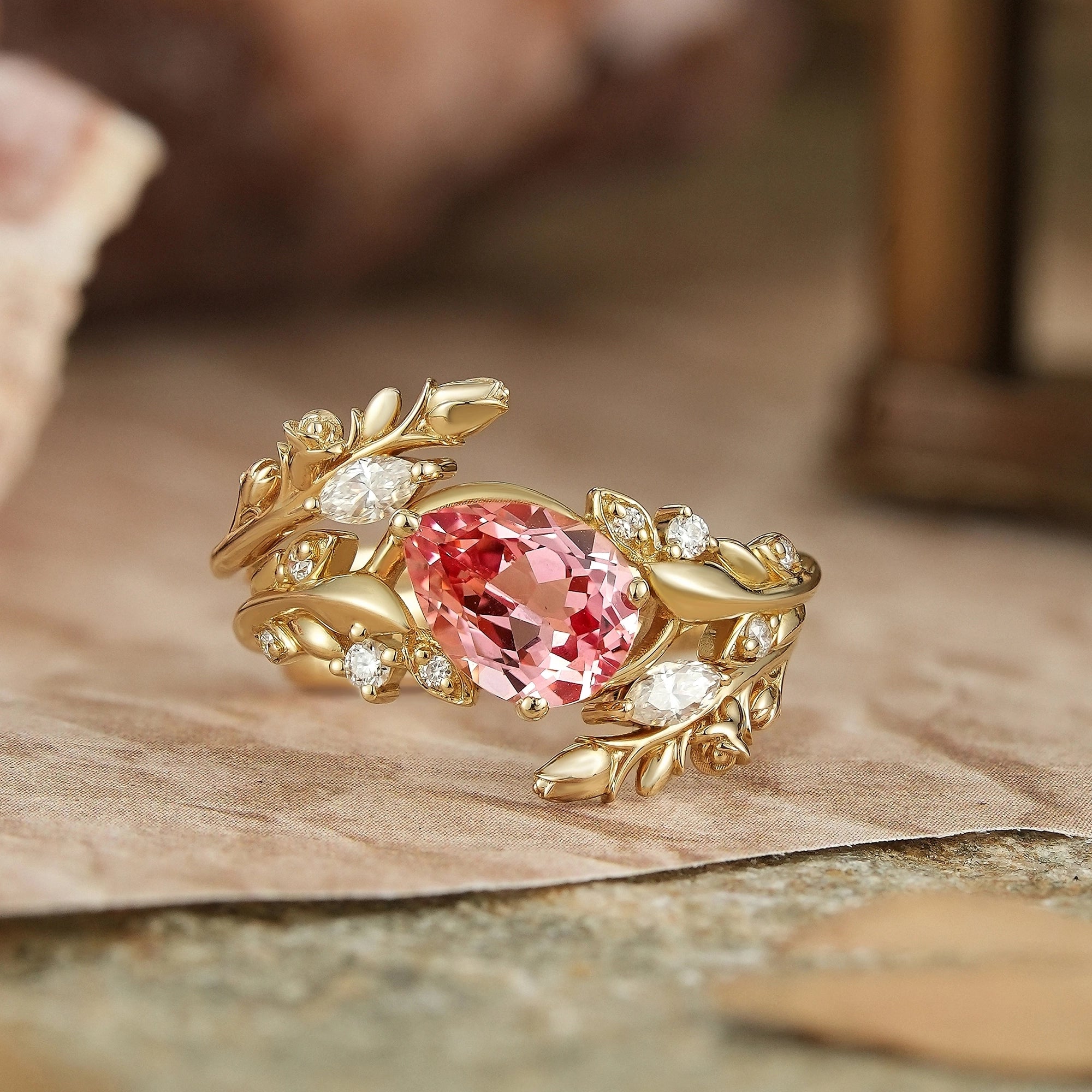 Tilted Pear Cut Pink Padparadscha Flower Inspired Enhancer Bridal Ring Set - GemsMagic - GemsMagic
