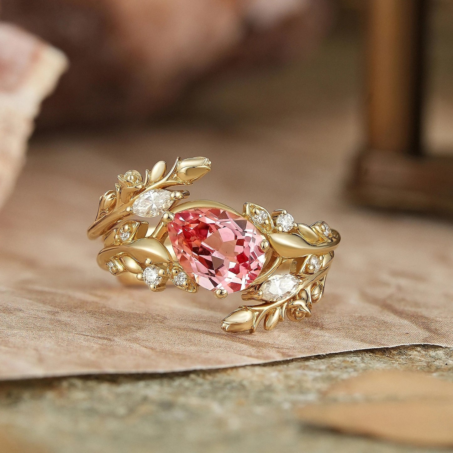 Tilted Pear Cut Pink Padparadscha Flower Inspired Enhancer Bridal Ring Set - GemsMagic - GemsMagic