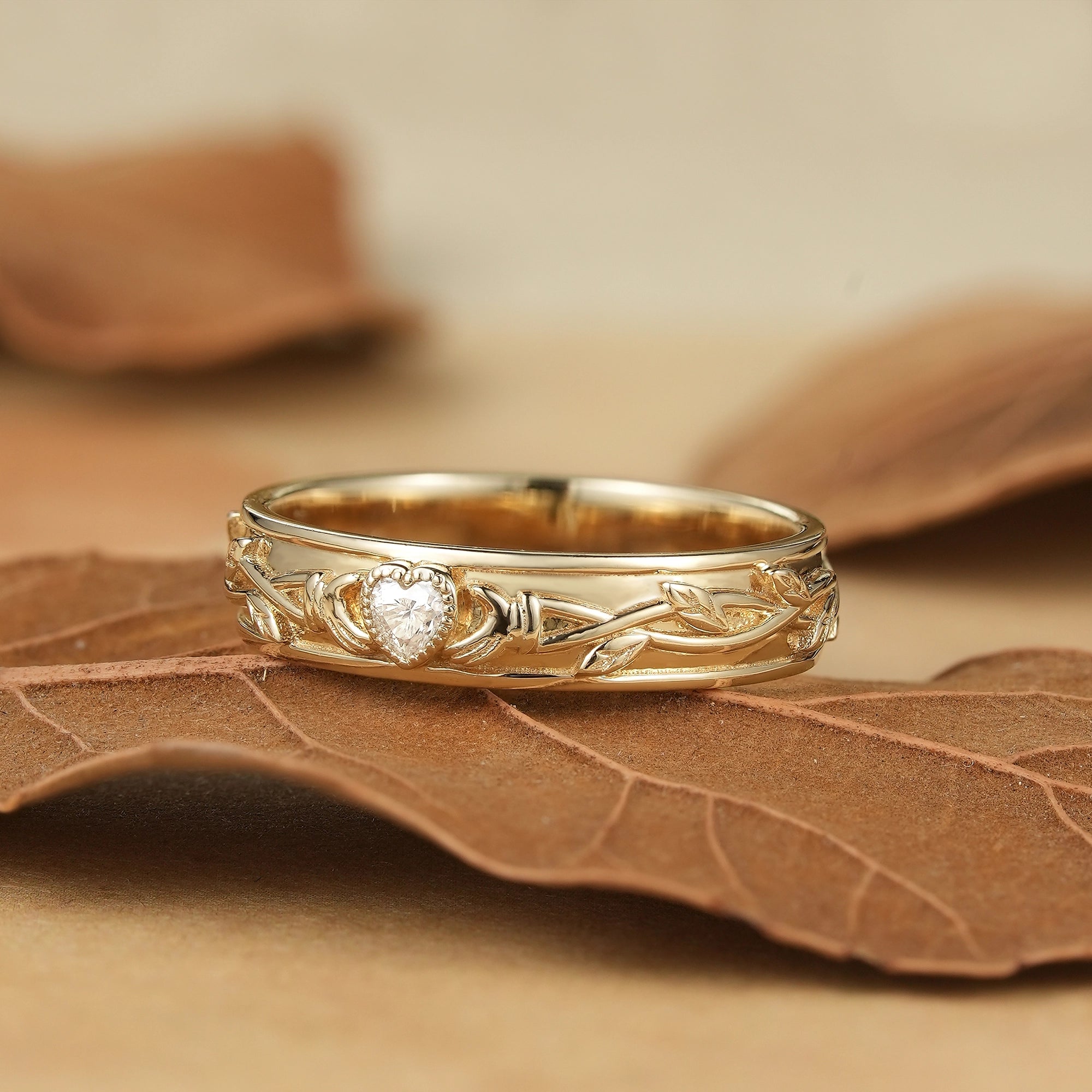 Timeless Romance: Heart - Shaped Moissanite Leaf Band - Caleb - GemsMagic