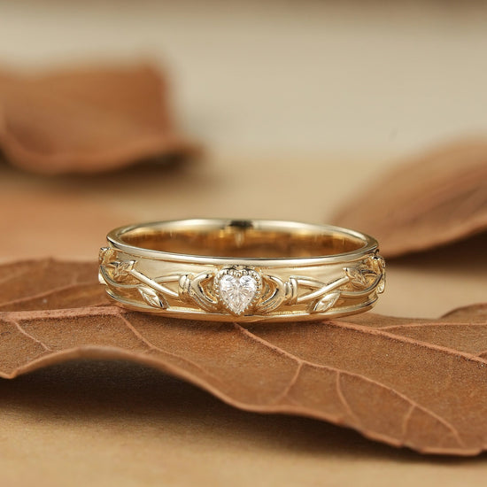 Timeless Romance: Heart - Shaped Moissanite Leaf Band - Caleb - GemsMagic