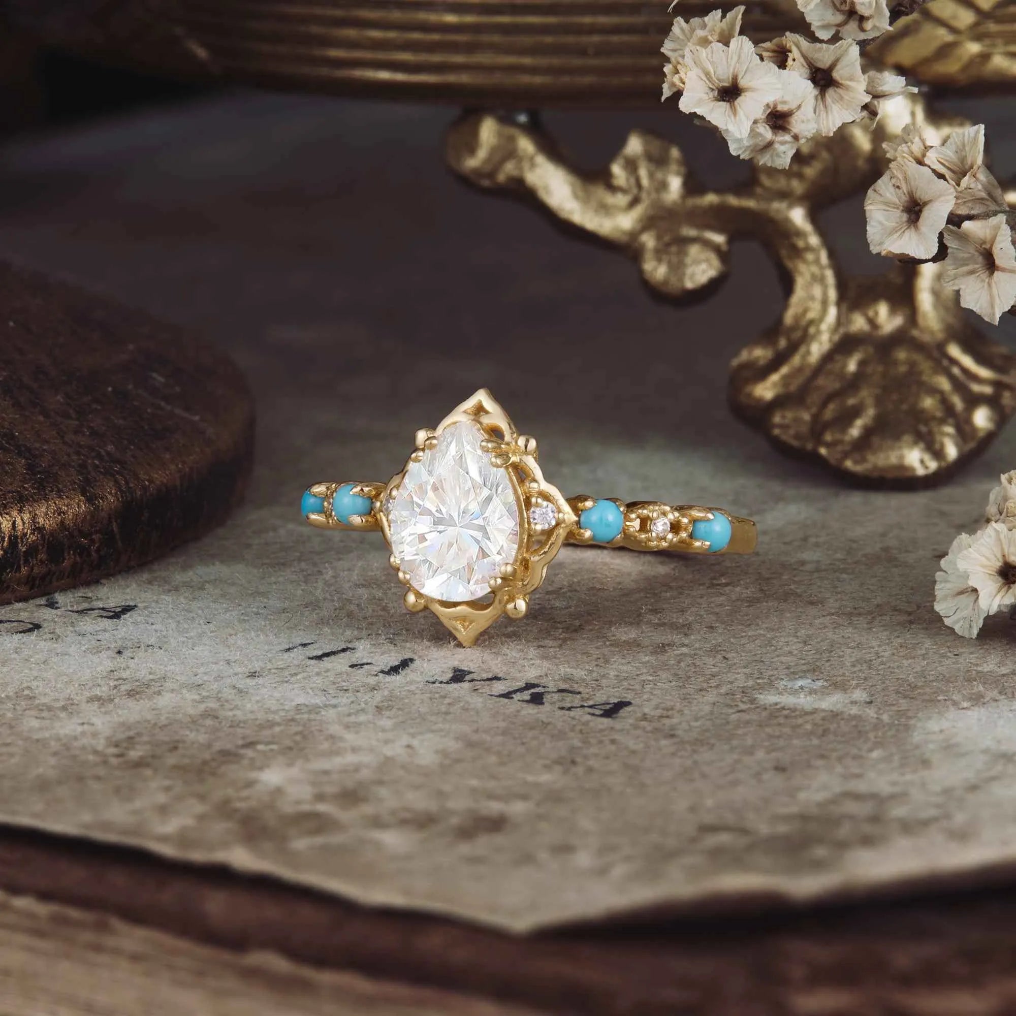 Turquoise Accented Moissanite Ring - Boho Dreams - GemsMagic - GemsMagic