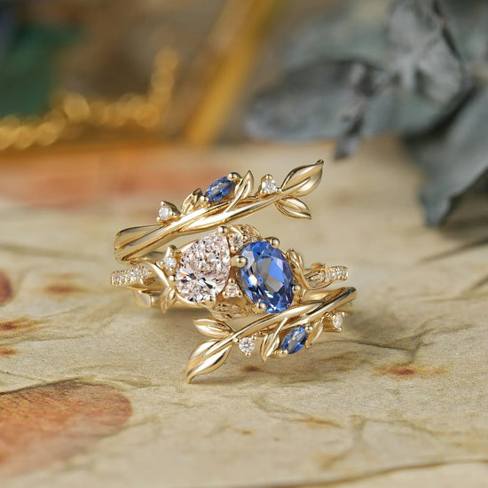 Two - Stone Lab Grown Diamond and Sapphire Olive Leaf Ring Set - Kyla - GemsMagic