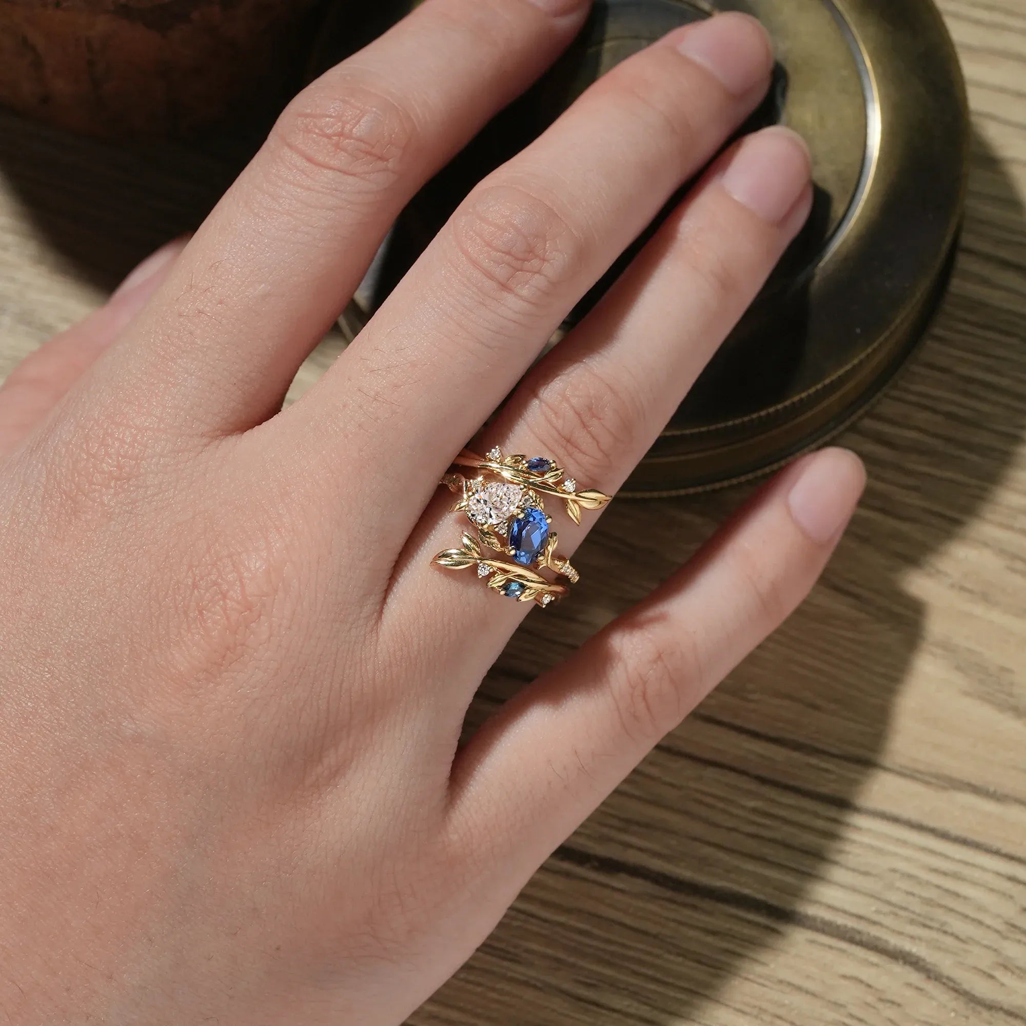 Two - Stone Lab Grown Diamond and Sapphire Olive Leaf Ring Set - Kyla - GemsMagic