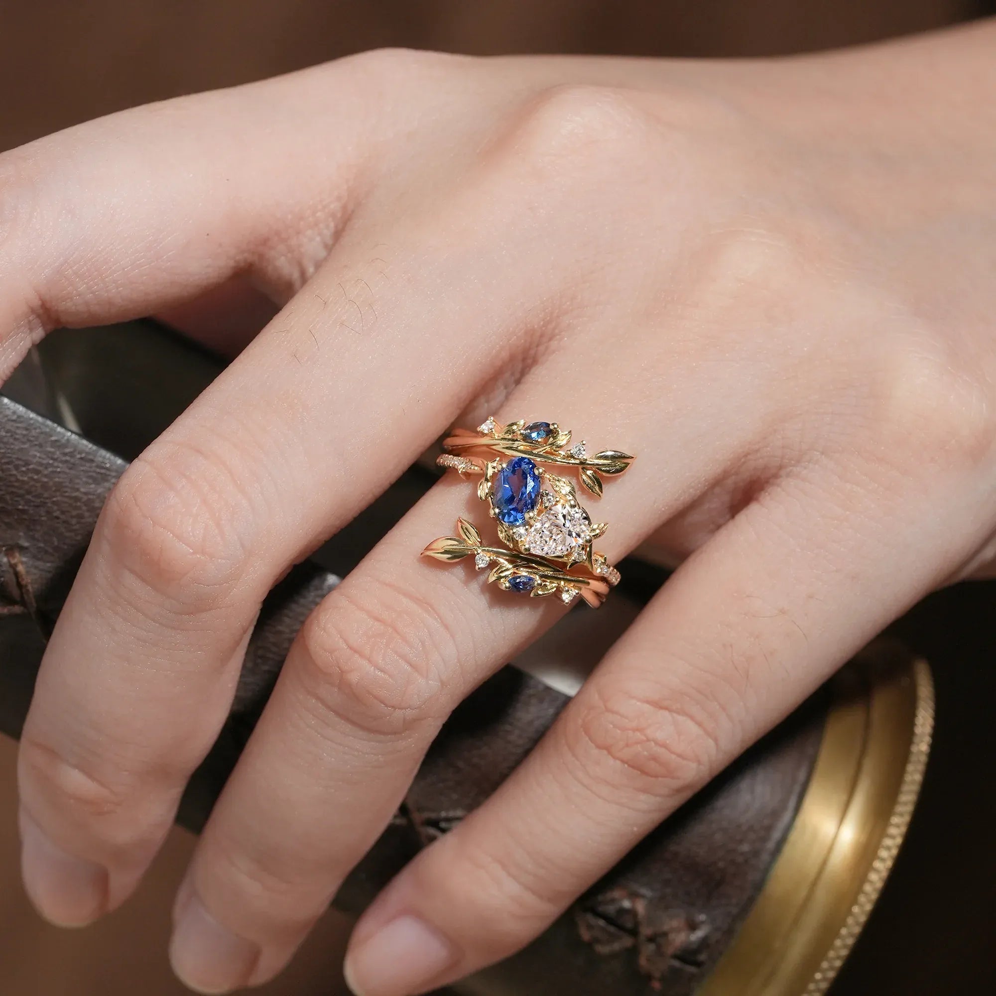 Two - Stone Lab Grown Diamond and Sapphire Olive Leaf Ring Set - Kyla - GemsMagic