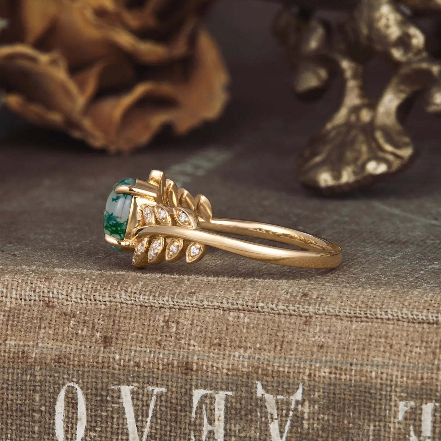 Two - stone - leaf Moss Agate Engagement Ring - GemsMagic - GemsMagic