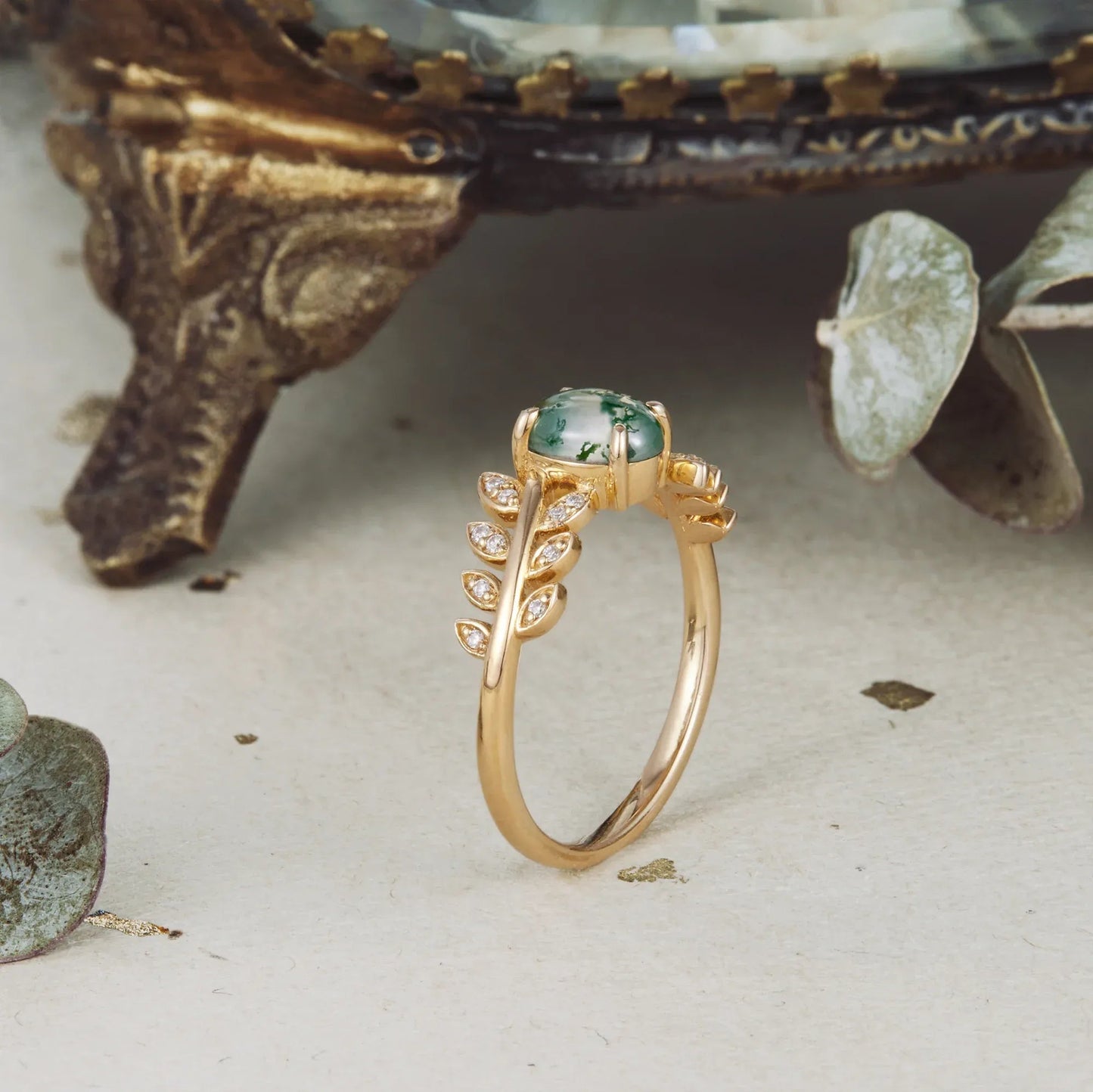 Two - stone - leaf Moss Agate Engagement Ring - GemsMagic - GemsMagic