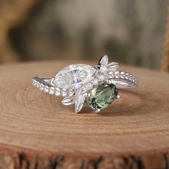 Two - Stone Moissanite and Green Sapphire Engagement Ring - Nana - GemsMagic