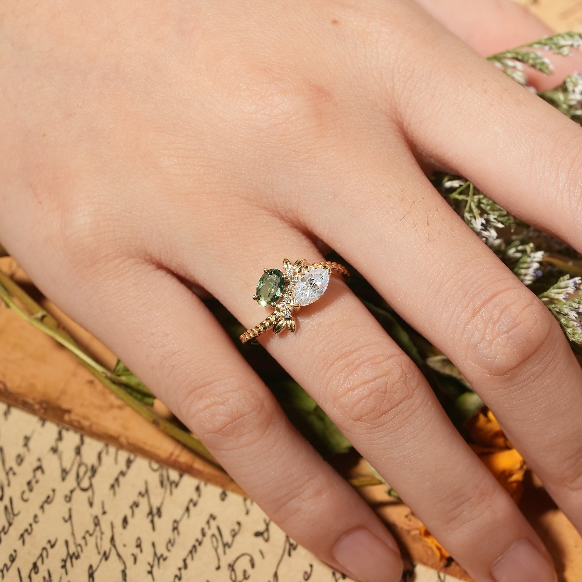 Two - Stone Moissanite and Green Sapphire Engagement Ring - Nana - GemsMagic