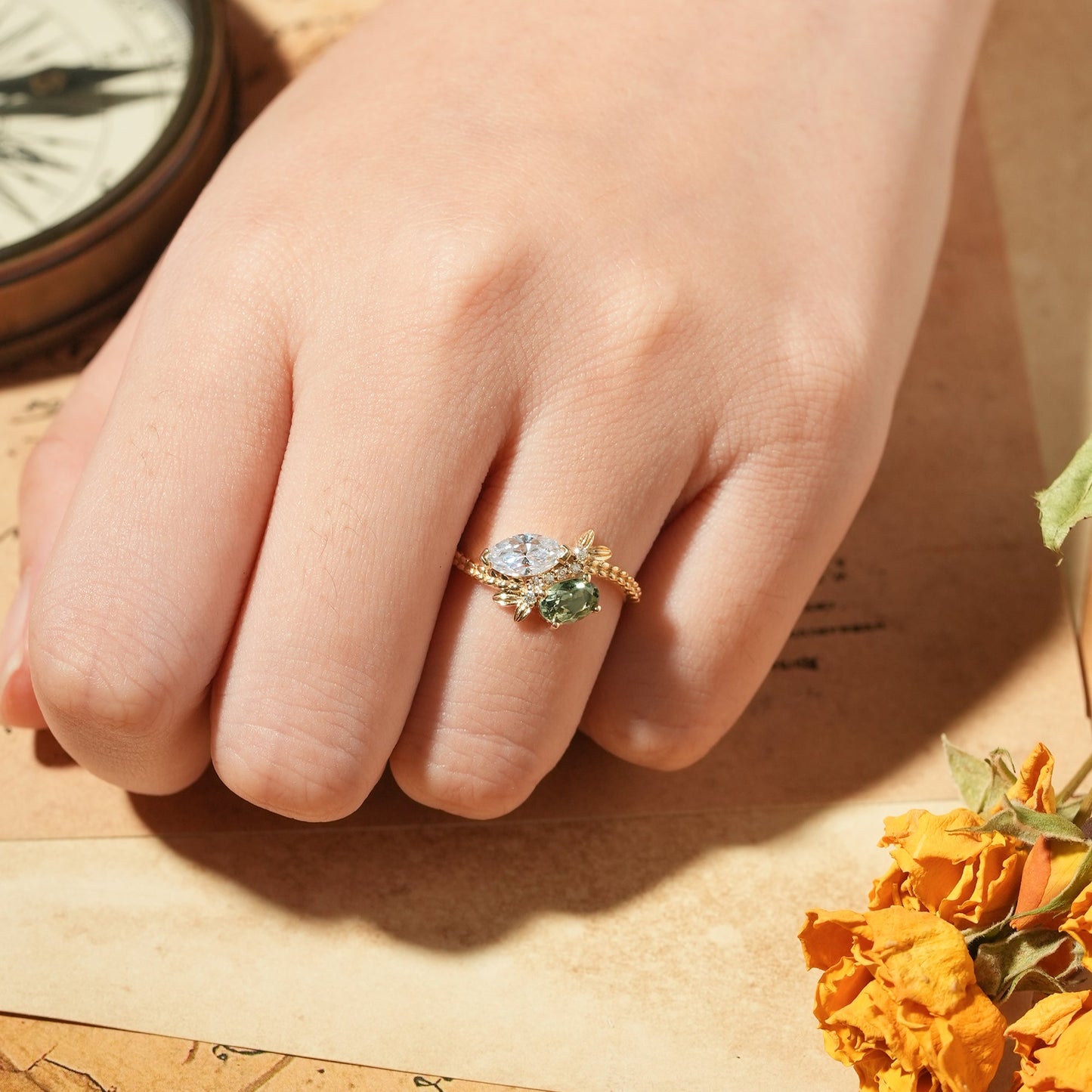 Two - Stone Moissanite and Green Sapphire Engagement Ring - Nana - GemsMagic
