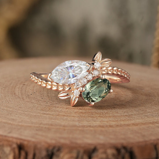 Two - Stone Moissanite and Green Sapphire Engagement Ring - Nana - GemsMagic