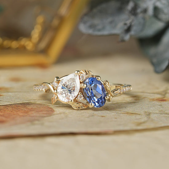 Two - Stone Moissanite and Sapphire Engagement Ring - Carys - GemsMagic