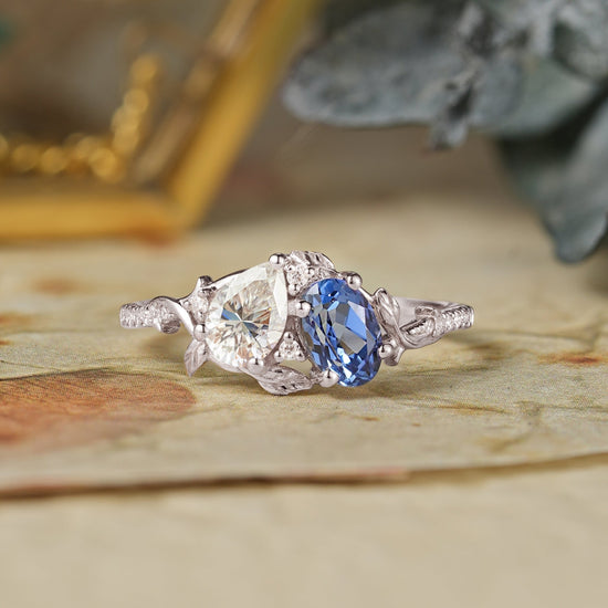 Two - Stone Moissanite and Sapphire Engagement Ring - Carys - GemsMagic