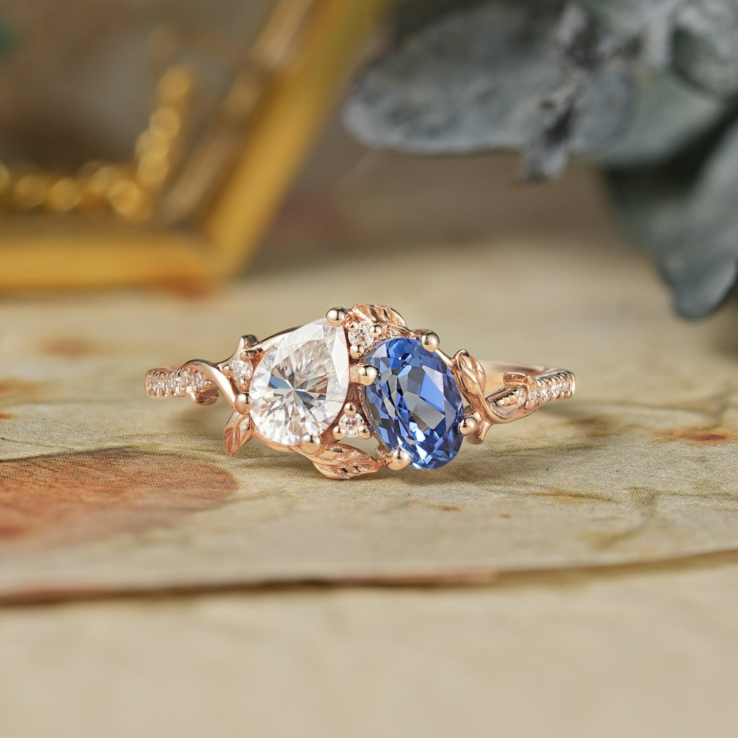 Two - Stone Moissanite and Sapphire Engagement Ring - Carys - GemsMagic