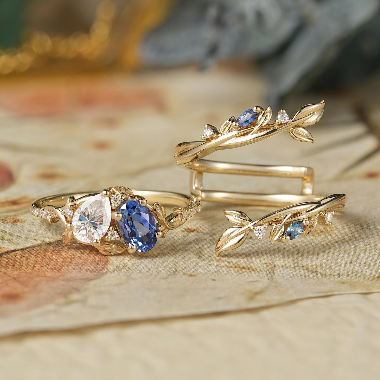 Two - Stone Moissanite and Sapphire Olive Leaf Ring Set - Kyla - GemsMagic
