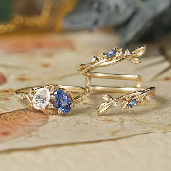 Two - Stone Moissanite and Sapphire Olive Leaf Ring Set - Kyla - GemsMagic