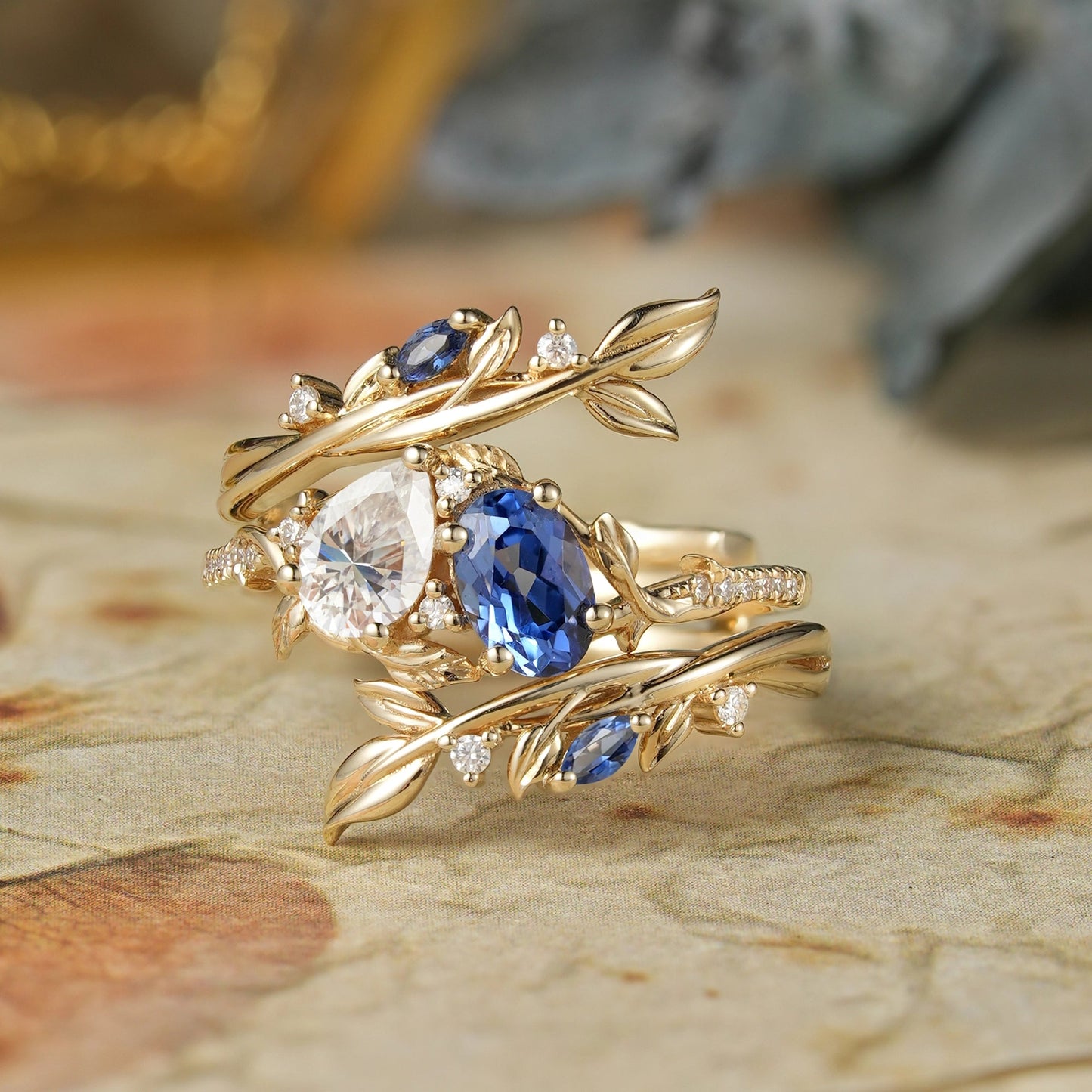 Two - Stone Moissanite and Sapphire Olive Leaf Ring Set - Kyla - GemsMagic