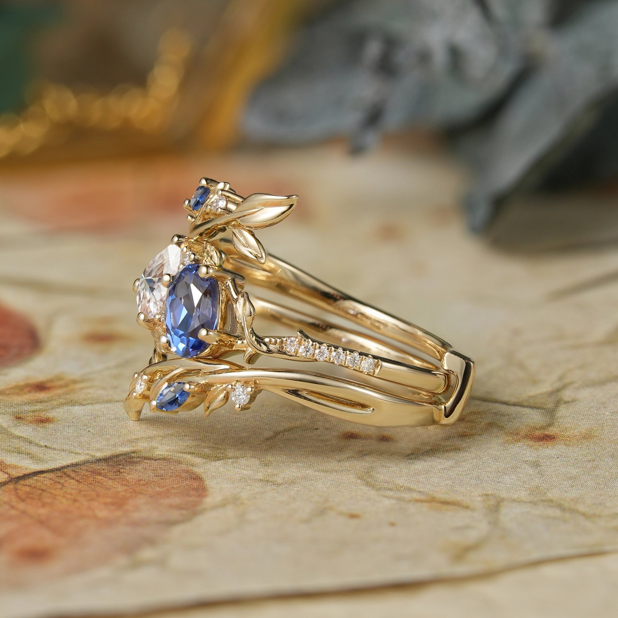 Two - Stone Moissanite and Sapphire Olive Leaf Ring Set - Kyla - GemsMagic