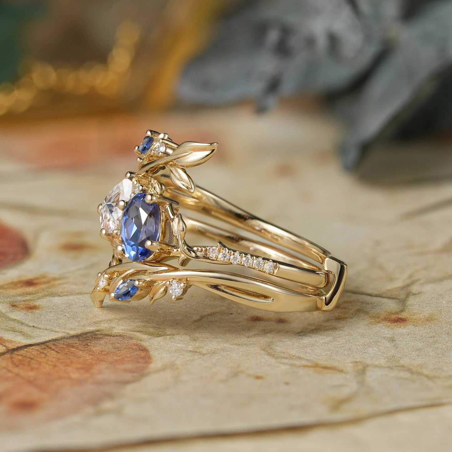 Two - Stone Moissanite and Sapphire Olive Leaf Ring Set - Kyla - GemsMagic