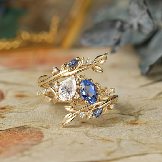 Two - Stone Moissanite and Sapphire Olive Leaf Ring Set - Kyla - GemsMagic