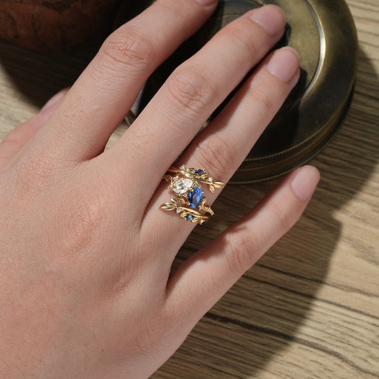 Two - Stone Moissanite and Sapphire Olive Leaf Ring Set - Kyla - GemsMagic