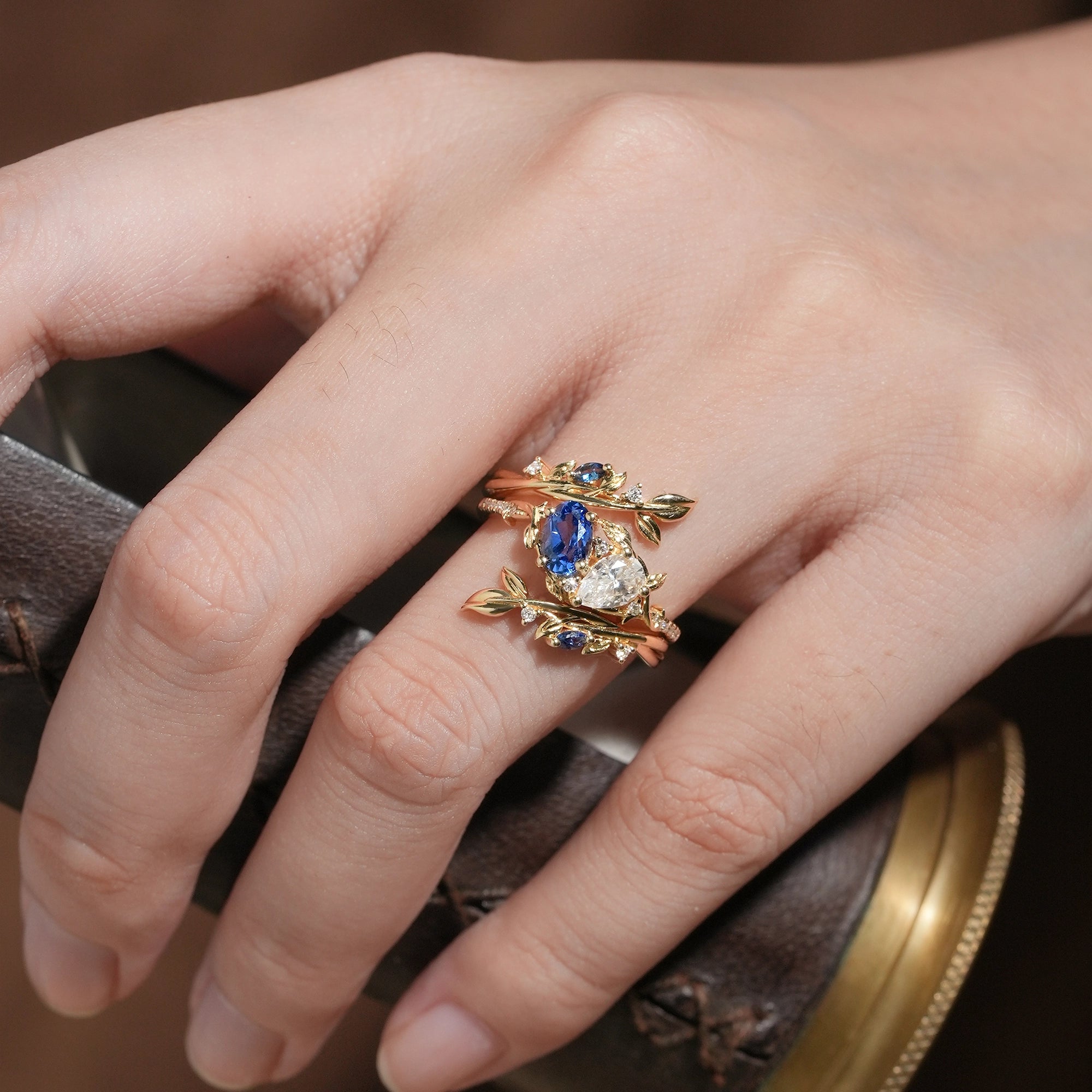Two - Stone Moissanite and Sapphire Olive Leaf Ring Set - Kyla - GemsMagic