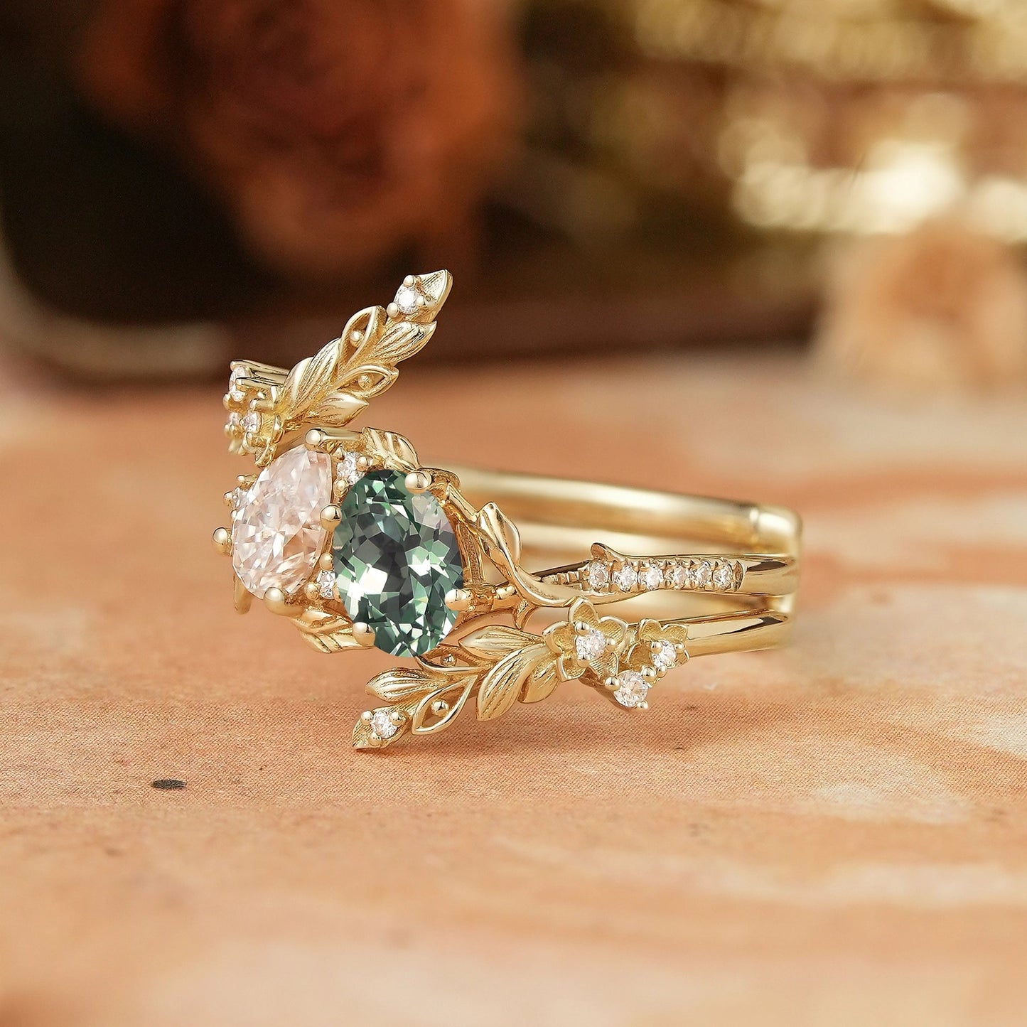 Two - Stone Pear Moissanite and Oval Green Sapphire Toi Et Moi Leaf Bridal Ring Set - GemsMagic - GemsMagic