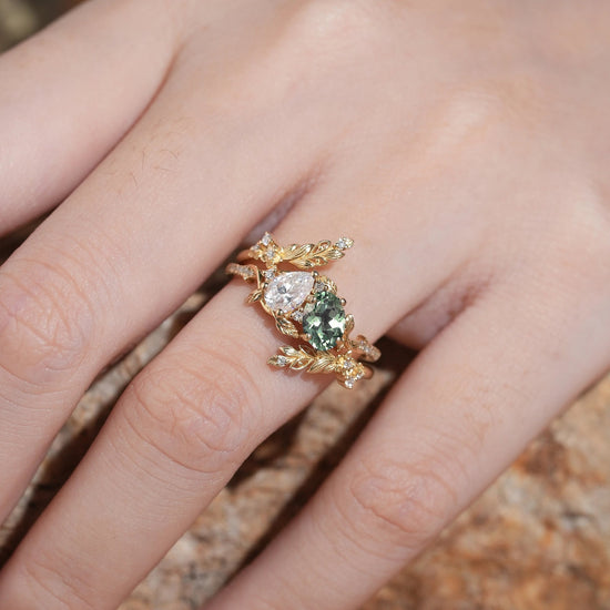 Two - Stone Pear Moissanite and Oval Green Sapphire Toi Et Moi Leaf Bridal Ring Set - GemsMagic - GemsMagic