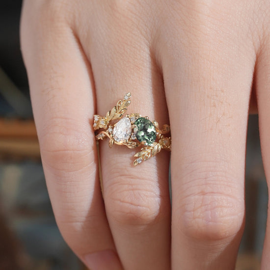 Two - Stone Pear Moissanite and Oval Green Sapphire Toi Et Moi Leaf Bridal Ring Set - GemsMagic - GemsMagic