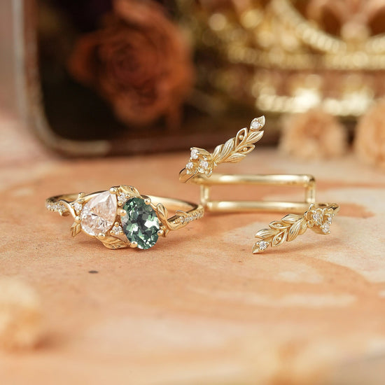 Two - Stone Pear Moissanite and Oval Green Sapphire Toi Et Moi Leaf Bridal Ring Set - GemsMagic - GemsMagic