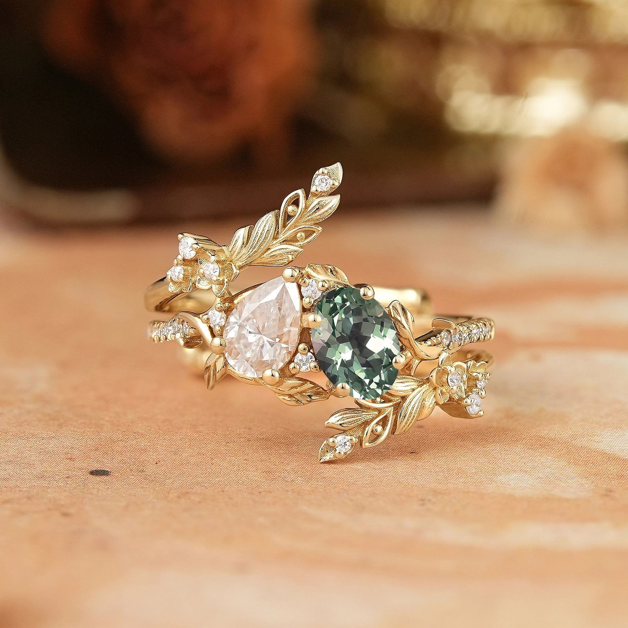 Two - Stone Pear Moissanite and Oval Green Sapphire Toi Et Moi Leaf Bridal Ring Set - GemsMagic - GemsMagic