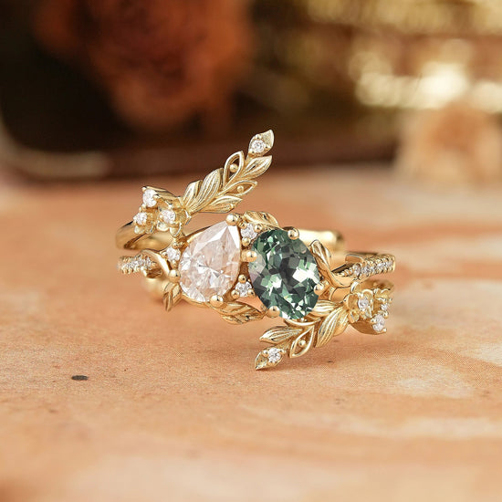 Two - Stone Pear Moissanite and Oval Green Sapphire Toi Et Moi Leaf Bridal Ring Set - GemsMagic - GemsMagic